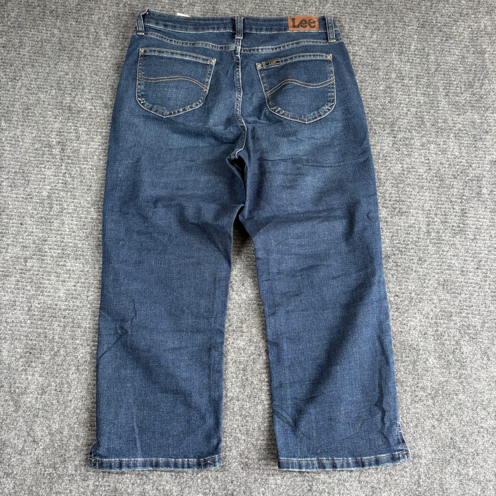Lee Womens Size 10 Dark Wash Stretch Capri Jeans Straight Leg Side Slit - Picture 4 of 7